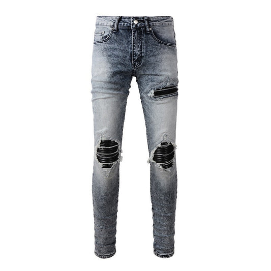 Retro Jeans Men's Pu Leather Ripped Patch Slim Fit Jeans #1338