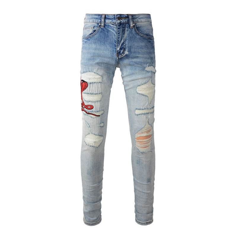 Street Embroidery Patch Small Feet Blue Jeans Men's Hair, Personalized Large Size Casual Pants #1346