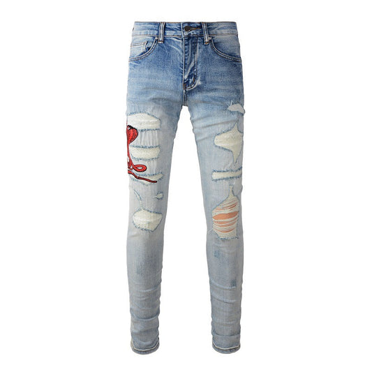 Street Embroidery Patch Small Feet Blue Jeans Men's Hair, Personalized Large Size Casual Pants #1346
