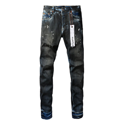 Jean skinny violet pour homme avec détails déchirés 9051 Pantalon de motard en denim tendance avec patchs et motif imprimé