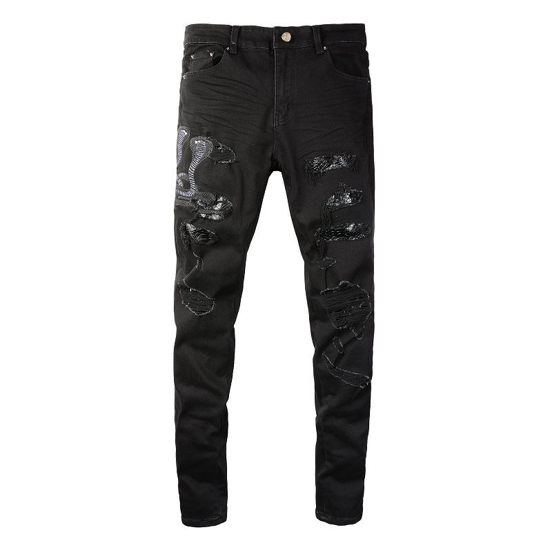 8560 Embroidered Cobra Ripped Patch Jeans Stretch Slim High Street Jeans