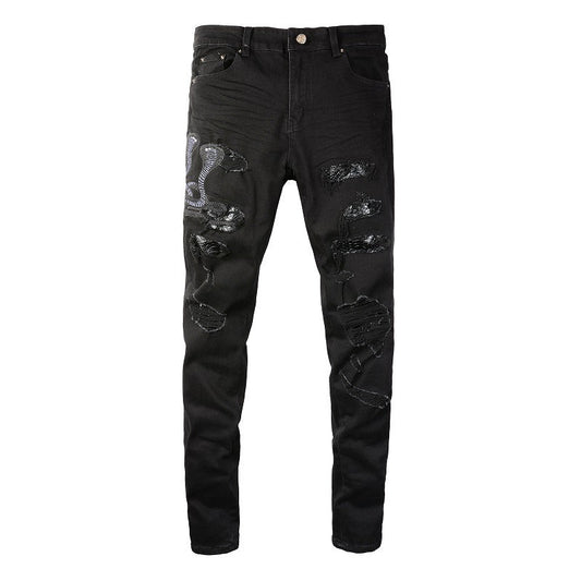 8560 Embroidered Cobra Ripped Patch Jeans Stretch Slim High Street Jeans