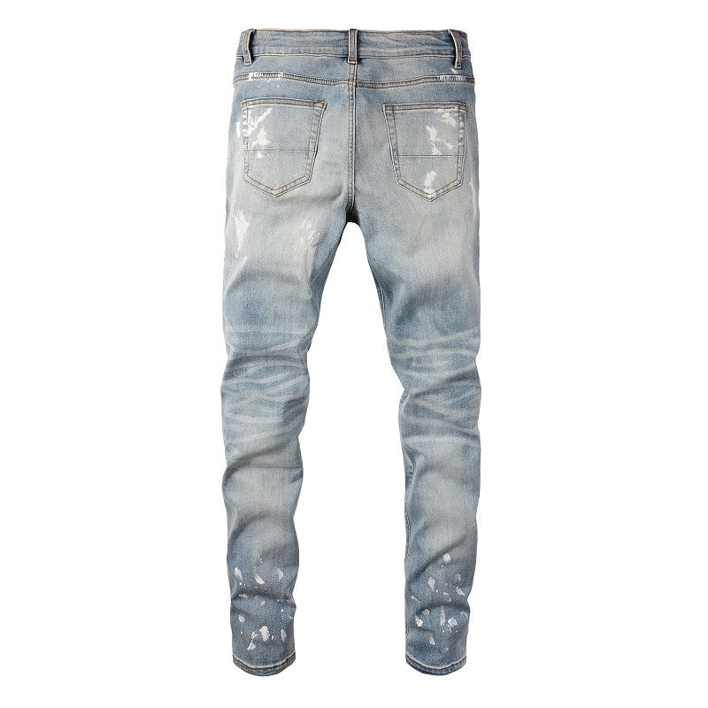Slim fit High Street Jeans Paint Diamond Encrusted Ripped Patch Men's Jeans 6626