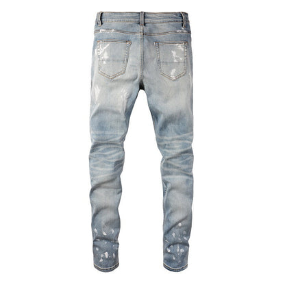 Slim fit High Street Jeans Paint Diamond Encrusted Ripped Patch Men's Jeans 6626