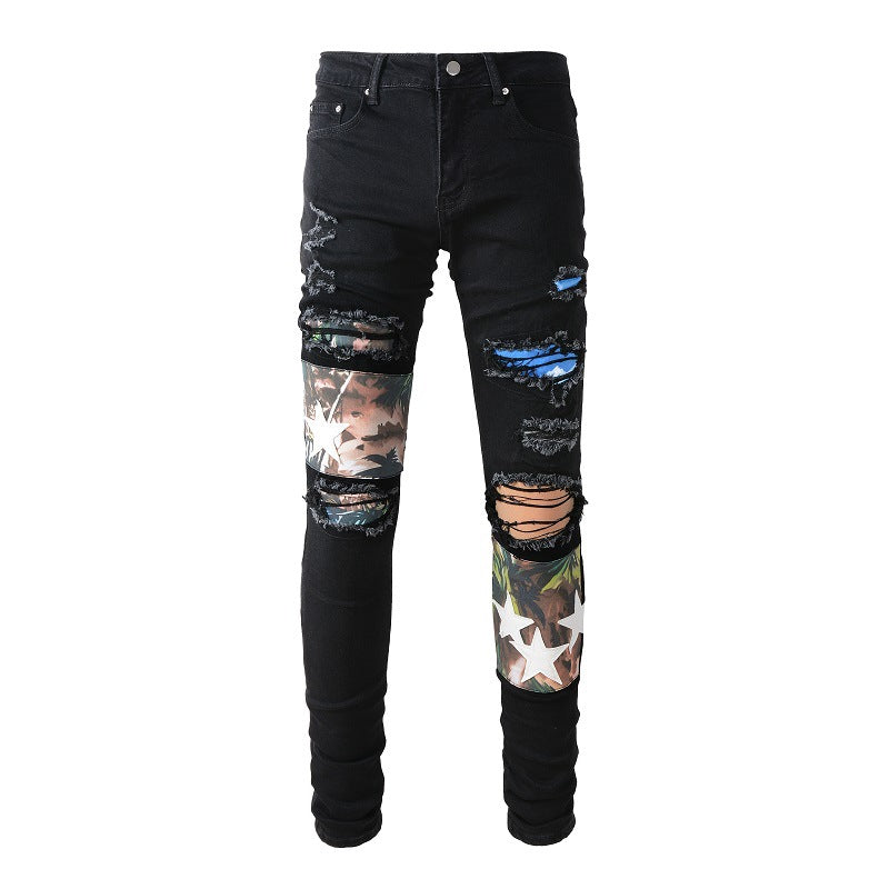 899 High Street Ripped Jeans Homme Patch Splicing Patch Star Slim Small Foot Jeans 