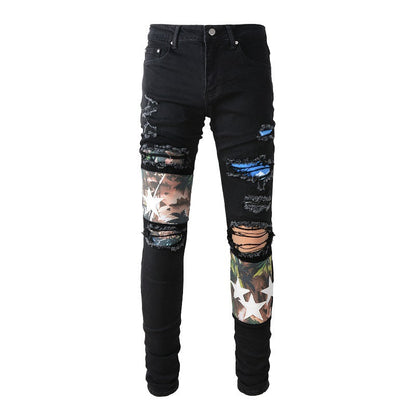 899 High Street Ripped Jeans Homme Patch Splicing Patch Star Slim Small Foot Jeans 