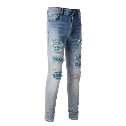Blue Diamond Hot Diamond Jeans Ripped High Street Patch Stretch Slim Jeans