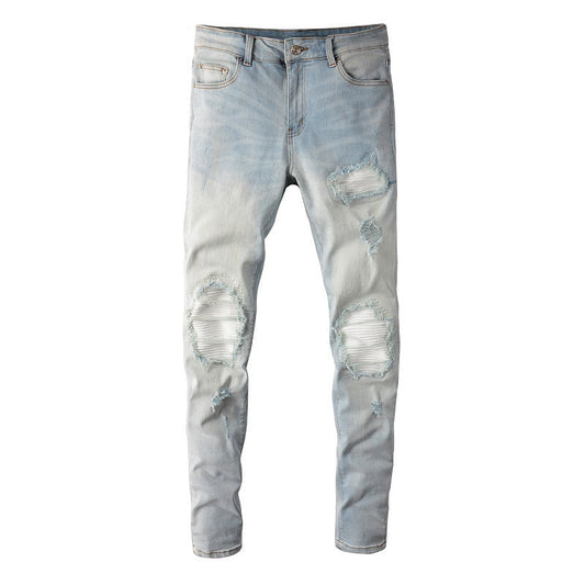 6624 High Street Ripped Patch Jeans Retro Men's Elastic Slim Fit Light Blue Jeans