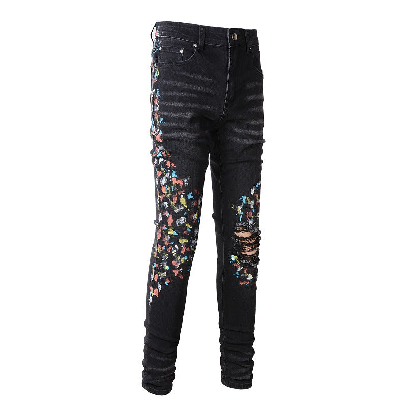 Street Denim Casual Trousers Micro elastic Cotton Youth Black Paint splashed Skinny Jeans #865
