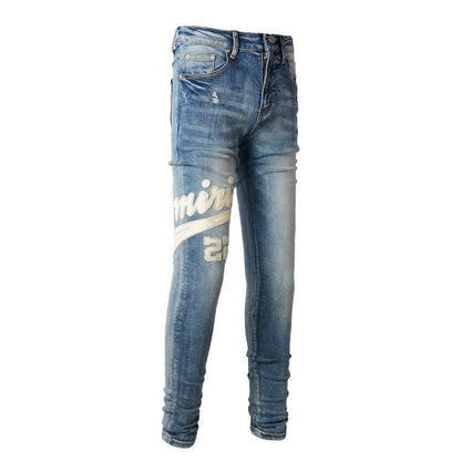High Street Jeans Letter Sticker Leather Embroidery Elastic Slim Jeans Men #1311