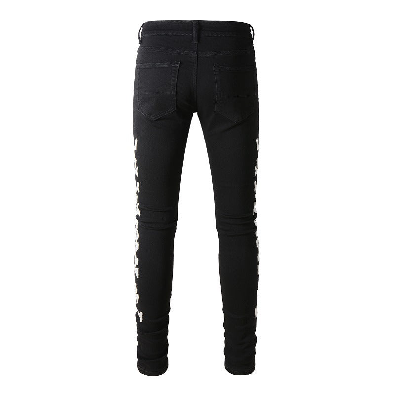 870 Jeans Ripped Bone Pattern Leather Elastic Blue Skinny Jeans