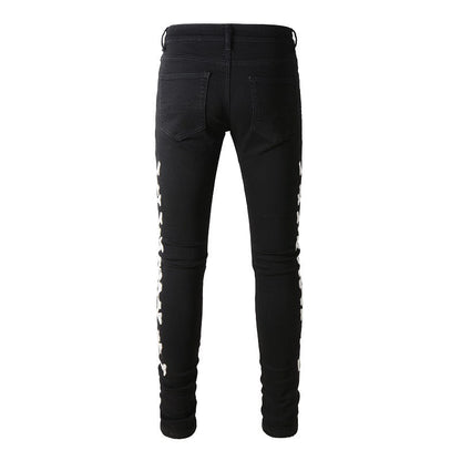870 Jeans Ripped Bone Pattern Leather Elastic Blue Skinny Jeans