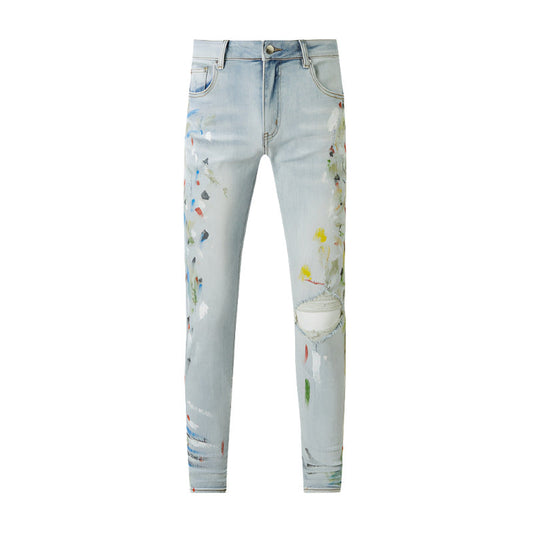 Men Jeans Hole Light Blue Dark Gray Man Long Pants Trousers Streetwear Denim Skinny Slim Straight Biker Jean 8820