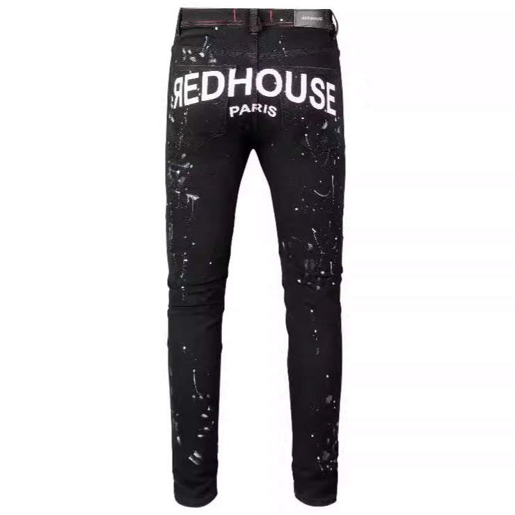 Jean slim coupe droite avec détails déchirés, brodés et peints pour un style urbain