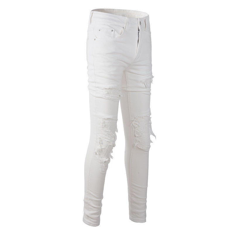 High Street Men's Slim Fit Jeans Ripped Patch Pants White Casual Jeans 7592