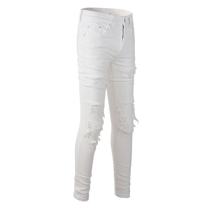 High Street Men's Slim Fit Jeans Ripped Patch Pants White Casual Jeans 7592