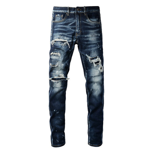 Style Class Hole Patch Thin Retro Blue Men's Jeans Korean Version 6905