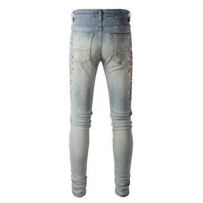 Pantalon décontracté en denim de rue en coton micro élastique pour jeunes, jeans skinny bleu avec éclaboussures de peinture #868 