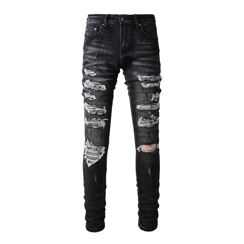 #852 High Street Jeans Are Wrapped with Holes and Patches. Slim and Thin Jeans