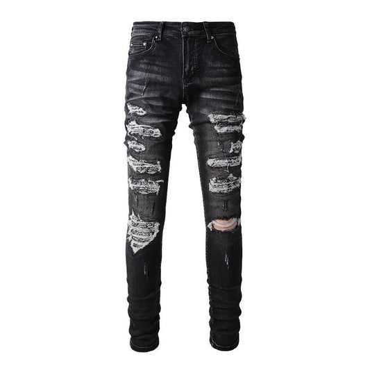 #852 High Street Jeans Are Wrapped with Holes and Patches. Slim and Thin Jeans