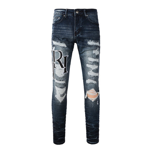 Street Letter Embroidery Ripped Patch Slim fit Small Foot Jeans
