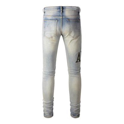 Pantalon slim en denim avec broderie de lettres Street Hole Patch High Street pour homme #878 