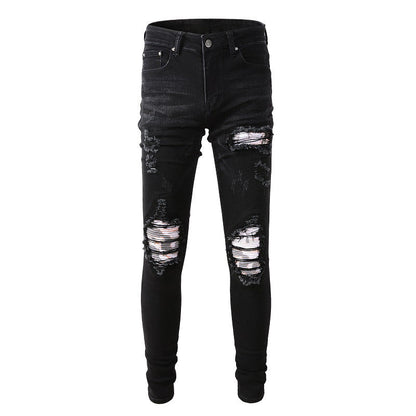 High Street Black Ripped Patch Jeans Stretch Slim High Street Jeans #849