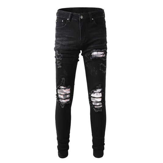 High Street Black Ripped Patch Jeans Stretch Slim High Street Jeans #849