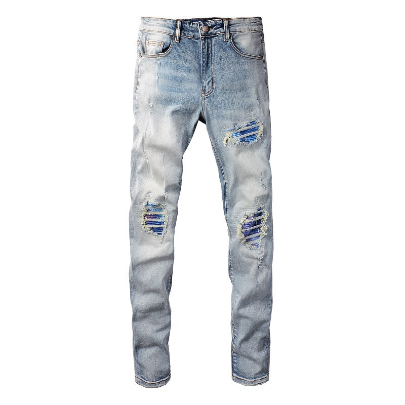 Hole Patch Colorful Gradual Change Jeans Elastic Slim High Street Jeans 6646