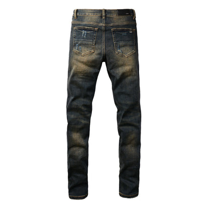 Jean slim stretch noir avec délavage vintage et détails en similicuir 8832