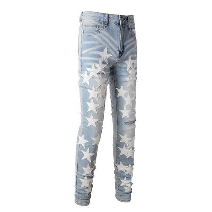 690 High Street Sticky White Star Jeans High Craft Elastic Slim Fit Small Foot Jeans