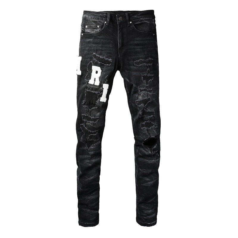 Street Jeans Leather Embroidered Letter Ripped Thread Patch Elastic Slim fit Pants (1313-8815)