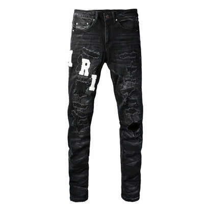 Street Jeans Leather Embroidered Letter Ripped Thread Patch Elastic Slim fit Pants (1313-8815)