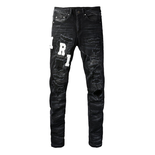 Street Jeans Leather Embroidered Letter Ripped Thread Patch Elastic Slim fit Pants (1313-8815)
