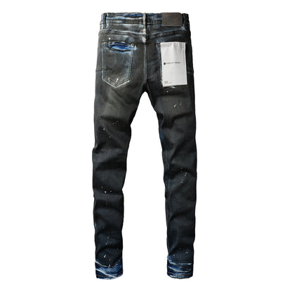 Jean skinny violet pour homme avec détails déchirés 9051 Pantalon de motard en denim tendance avec patchs et motif imprimé
