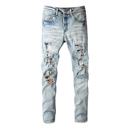810 Slim fit High Street Jeans Ripped Leopard Patch Men's Jeans