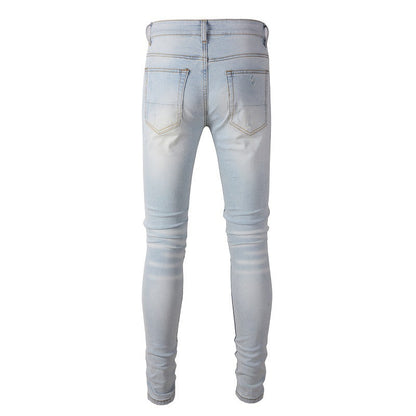 High Street Light Blue Patch Embroidery Flower Patch Slim Fit Ripped Jeans Men