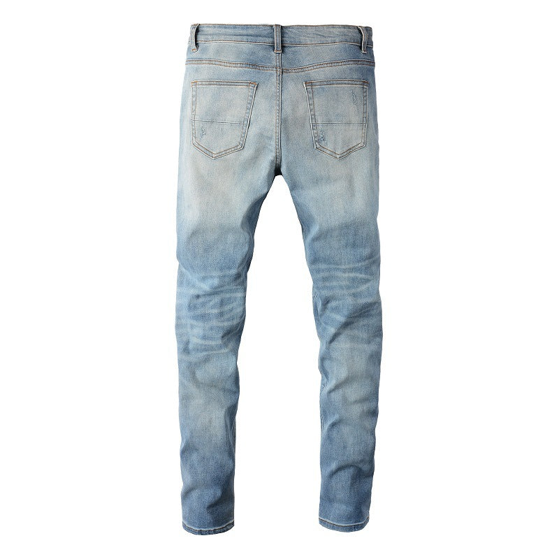 6665 High Street Ripped Patch Jeans Rétro Homme Élastique Slim High Street Jeans 