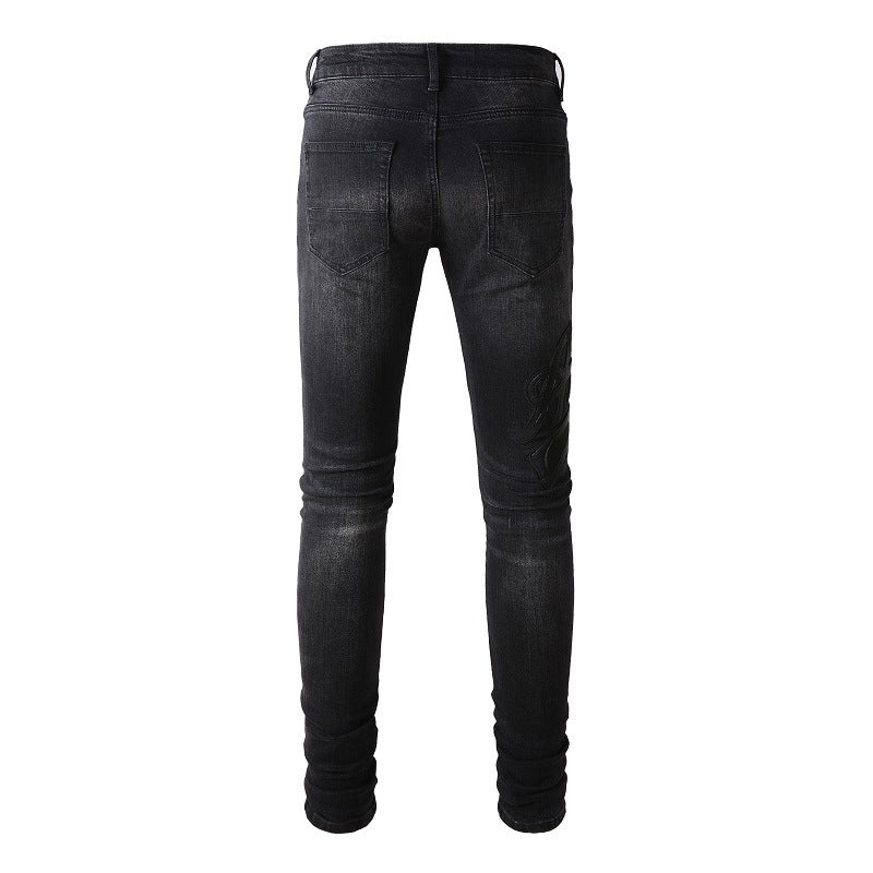 Street Embroidery Splicing Jeans High Street Men Stretch Slim Jeans #1312