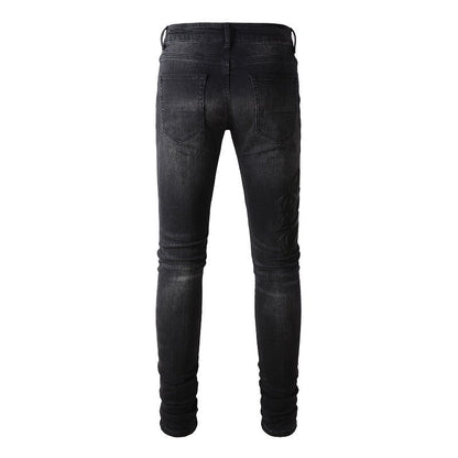 Street Embroidery Splicing Jeans High Street Men Stretch Slim Jeans #1312