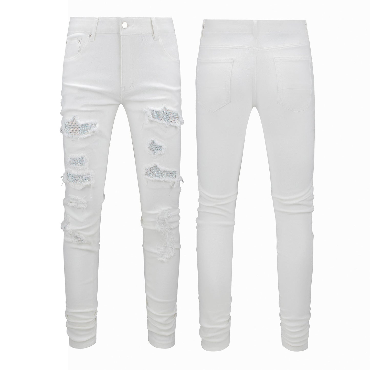 Vaqueros blancos ajustados para hombre con pedrería y parches para estilo urbano 625