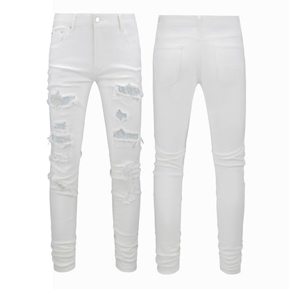 Vaqueros blancos ajustados para hombre con pedrería y parches para estilo urbano 625