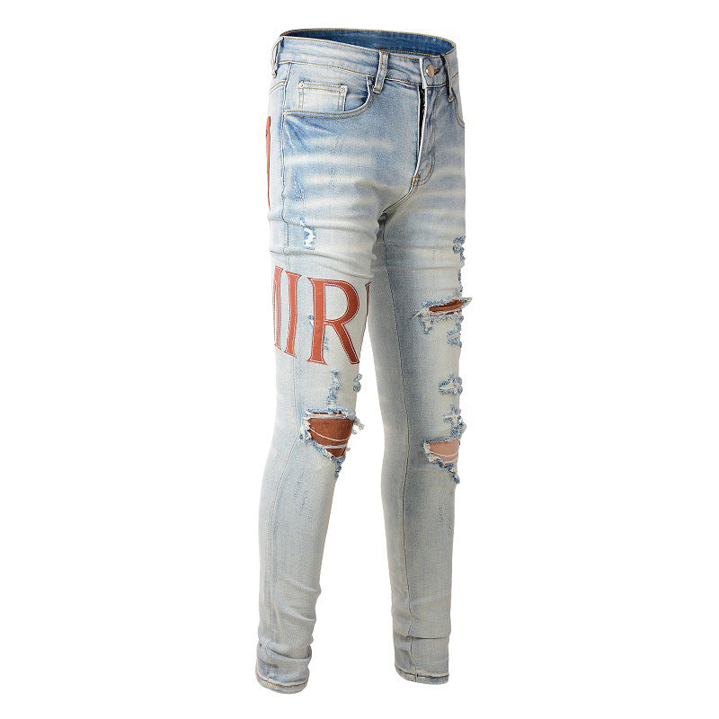 Street Ripped Patch Jeans High Street Slim Pants Denim #840