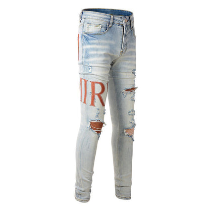 Street Ripped Patch Jeans High Street Slim Pants Denim #840
