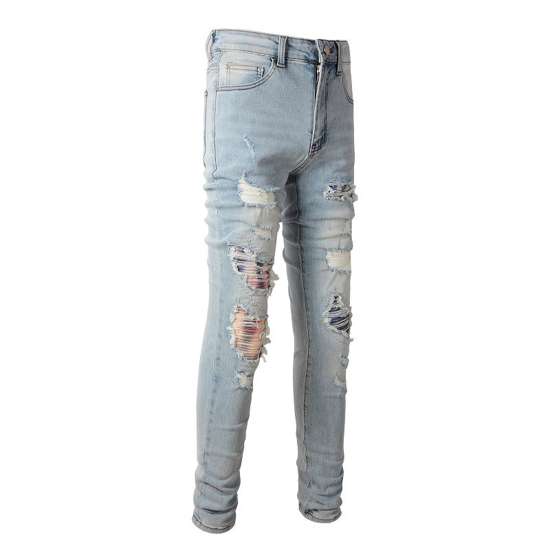 6637 High Street Hole Gradual Change Color Patch Jeans Retro Men Elastic Slim High Street Jeans
