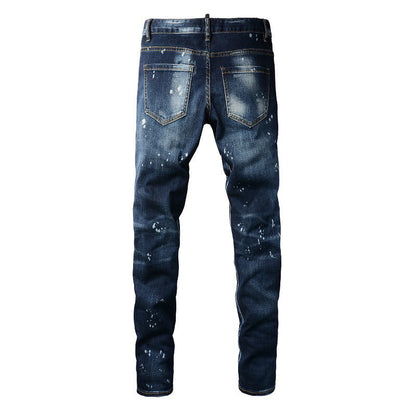 Style Class Hole Patch Thin Retro Blue Men's Jeans Korean Version 6905