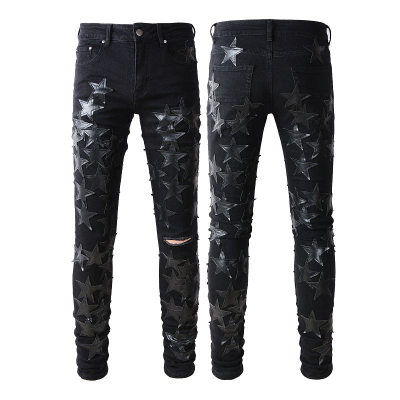 Jeans Pentagram Splicing Jeans High Craft Elastic Slim High Street Jeans 