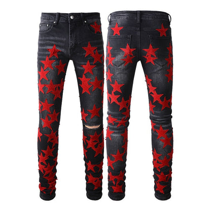 Jeans Pentagram Splicing Jeans High Craft Elastic Slim High Street Jeans 