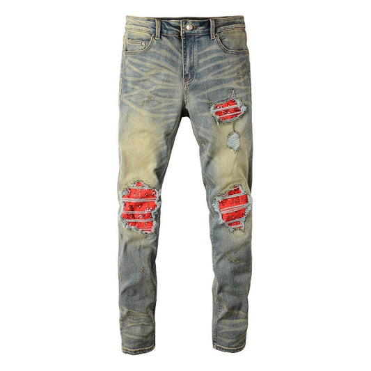 6552 Retro Ripped Patch Jeans Stretch Slim High Street Jeans