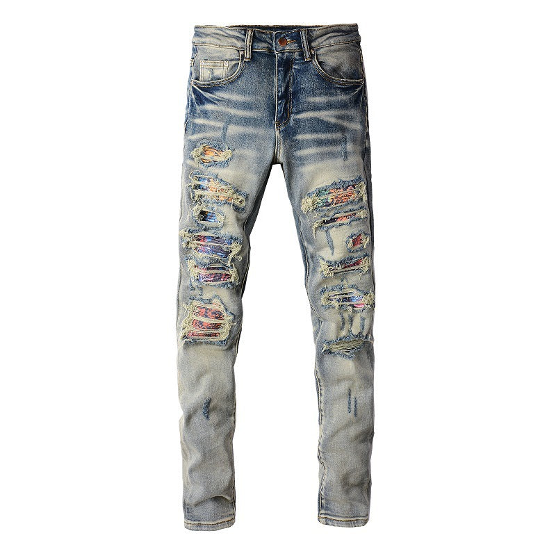 High Street Ripped Patch Jeans Men's Patch Elastic Slim Small Foot Jeans 876